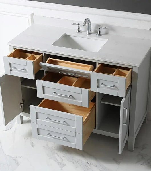 Riverdale 48 in. W x 21 in. D Vanity in Dove Grey with a Cultured Marble Vanity Top in White with White Sink! 

-Brand new out of the box ( Top of Vanity is Cracked - Photos shown - Price reduced for the crack)