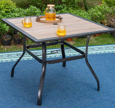 Black Square Metal Patio Outdoor Dining Table with 1.57" Umbrella Hole and Wood-Look Tabletop! (OUTDOOR TABLE SPECIAL!)

-New assembled out of the box but the wood top is cracked, photos shown