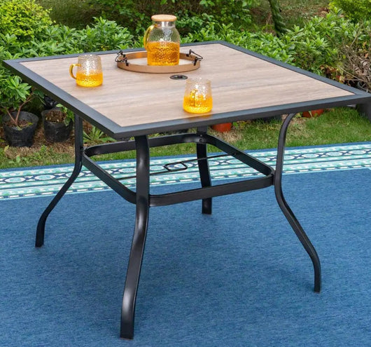Black Square Metal Patio Outdoor Dining Table with 1.57" Umbrella Hole and Wood-Look Tabletop! (OUTDOOR TABLE SPECIAL!)

-New assembled out of the box but the wood top is cracked, photos shown
