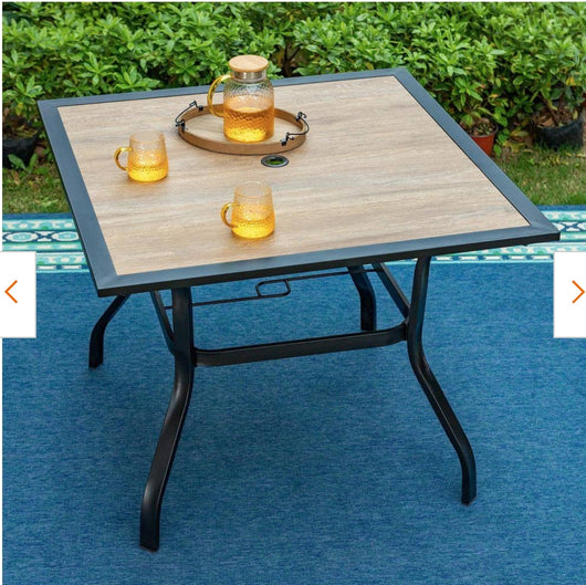 Black Square Metal Patio Outdoor Dining Table with 1.57" Umbrella Hole and Wood-Look Tabletop! (OUTDOOR TABLE SPECIAL!)

-New assembled out of the box but the wood top is cracked, photos shown