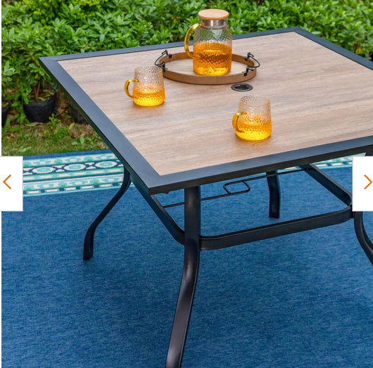 Black Square Metal Patio Outdoor Dining Table with 1.57" Umbrella Hole and Wood-Look Tabletop! (OUTDOOR TABLE SPECIAL!)

-New assembled out of the box but the wood top is cracked, photos shown