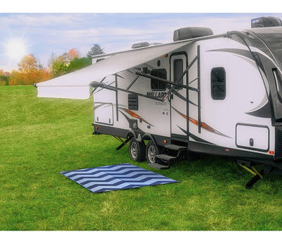 Camco 9' x 12' Reversible RV Outdoor Mat, Camping Mat, Blue Chevron (new wrapped In Plastic)