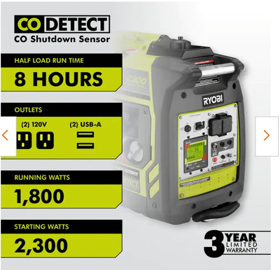 RYOBI 2,300-Watt Recoil Start Bluetooth Super Quiet Gasoline Powered Digital Inverter Generator with CO Shutdown Sensor!! (USED - VERY CLEAN!)