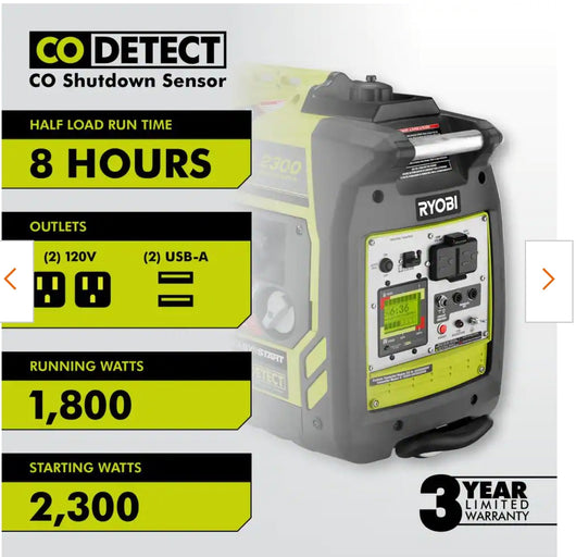 RYOBI 2,300-Watt Recoil Start Bluetooth Super Quiet Gasoline Powered Digital Inverter Generator with CO Shutdown Sensor!! (USED - VERY CLEAN!)