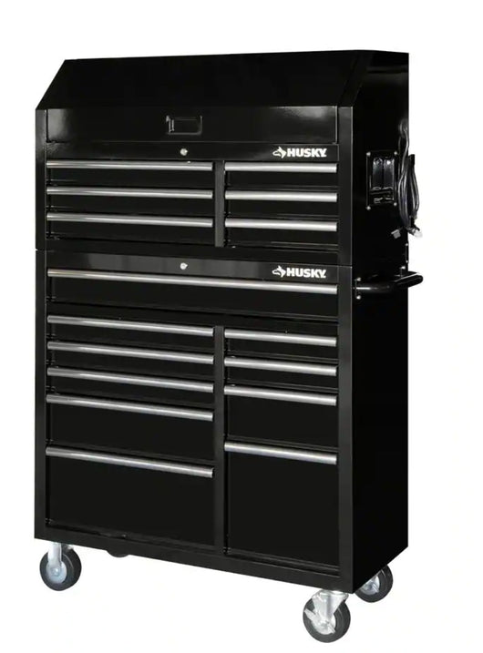 Husky 41 in. W x 24.5 in D Standard Duty 16-Drawer Combination Rolling Tool Chest and Top Tool Cabinet Set in Gloss Black!

-Brand new out of the box, does have one very small indent on the back left corner, photos shown