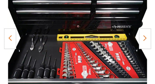 Husky 41 in. W x 24.5 in D Standard Duty 16-Drawer Combination Rolling Tool Chest and Top Tool Cabinet Set in Gloss Black!

-Brand new out of the box, does have one very small indent on the back left corner, photos shown