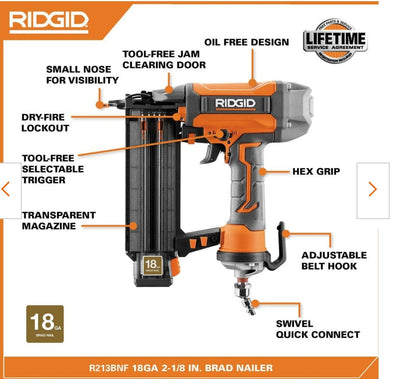 Pneumatic 18-Gauge 2-1/8 in. Brad Nailer with CLEAN DRIVE Technology, Tool Bag, and Sample Nails!

-Brand new in the box 