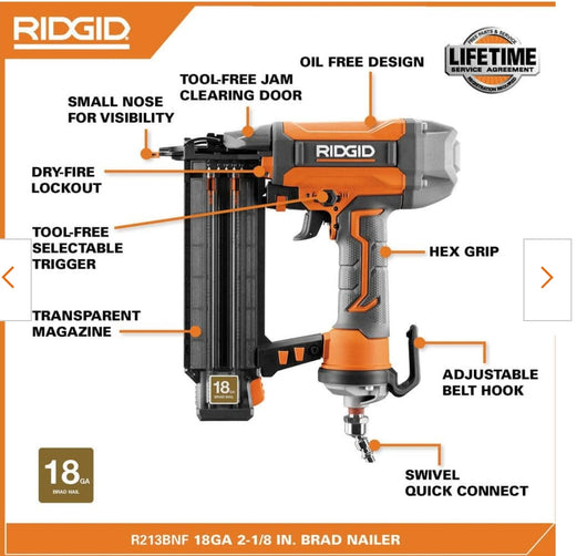 Pneumatic 18-Gauge 2-1/8 in. Brad Nailer with CLEAN DRIVE Technology, Tool Bag, and Sample Nails!

-Brand new in the box 