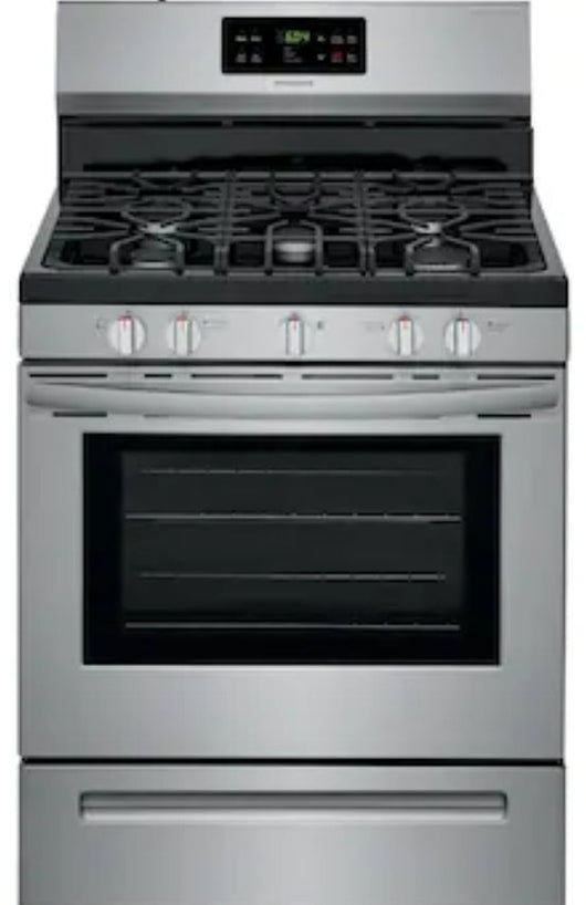 Frigidaire  30-in 5 Burners 5-cu ft Self-cleaning Freestanding Gas Range (Easycare Stainless Steel)!

-Brand new out of the box but is lightly dented from shipping, photos shown
