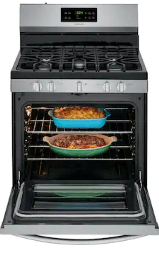Frigidaire  30-in 5 Burners 5-cu ft Self-cleaning Freestanding Gas Range (Easycare Stainless Steel)!

-Brand new out of the box but is lightly dented from shipping, photos shown