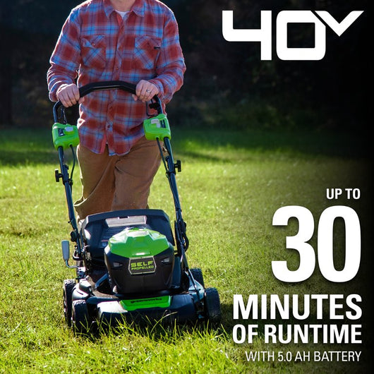 Greenworks 40V 21-inch Brushless Self-Propelled Lawn Mower W/5.0 Ah Battery & Charger! (NEW)

-Brand new, but is missing the Mulcher & side discharge attatments, photos shown!