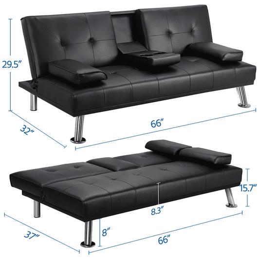 Yaheetech Modern Faux Leather Futon Sofa Bed with Armrest Home Recliner Couch Home Furniture, Black!! NEW IN THE BOX!!