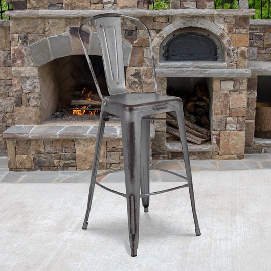 Flash Furniture Commercial Grade 30" High Distressed Silver Gray Metal Indoor-Outdoor Barstool with Back, Set of 4! (NEW IN BOX)