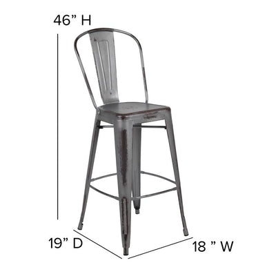 Flash Furniture Commercial Grade 30" High Distressed Silver Gray Metal Indoor-Outdoor Barstool with Back, Set of 4! (NEW IN BOX)