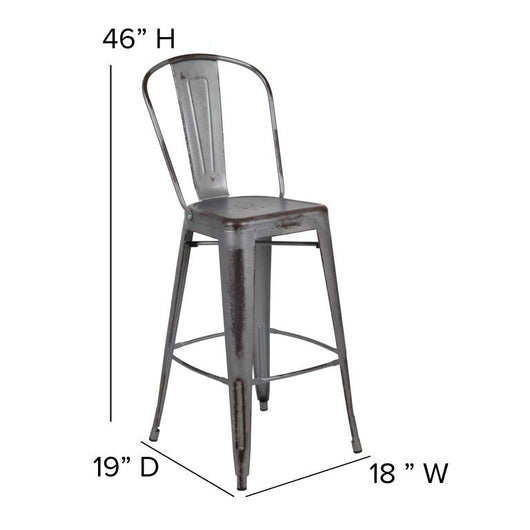 Flash Furniture Commercial Grade 30" High Distressed Silver Gray Metal Indoor-Outdoor Barstool with Back, Set of 4! (NEW IN BOX)
