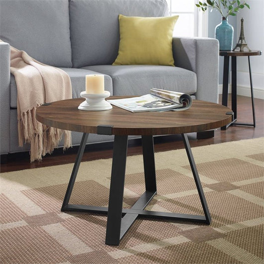 Walker Edison 30" Metal Wrap Round Coffee Table - Dark Walnut with Black Base!

-Brand new and assembled