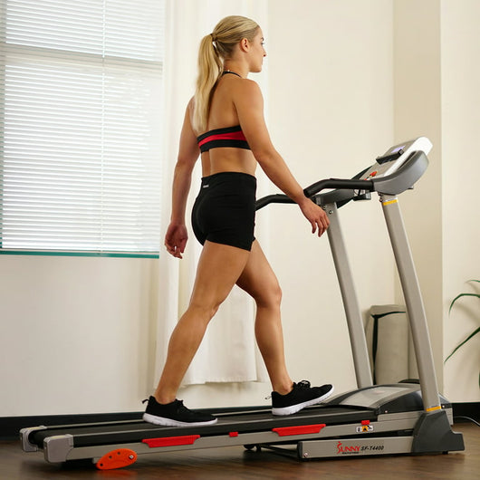 Sunny Health & Fitness Treadmill with Manual Incline, Pulse Sensors, Folding, LCD Monitor for Exercise SF-T4400! 

-New & Assembled but does have some cracked plastics from shipping, photos shown