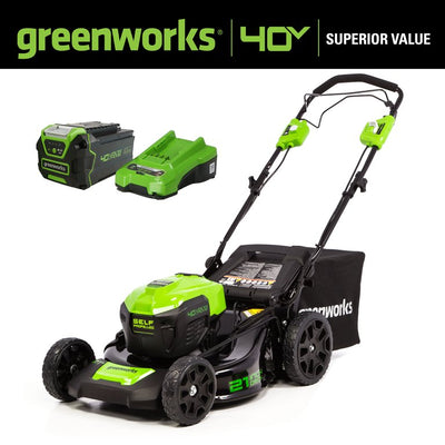 Greenworks 40V 21-inch Brushless Self-Propelled Lawn Mower W/5.0 Ah Battery & Charger! (NEW)

-Brand new, but is missing the Mulcher & side discharge attatments, photos shown!