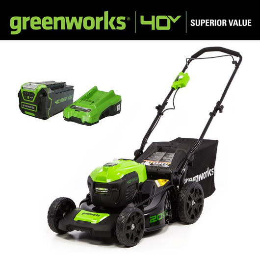 Greenworks 40 Volt 20 inch Push Walk-Behind Mower with 4.0 Ah Battery and Charger, 2516302! (USED - WORKS GREAT)

-Used, was tested and works great ( FRONT LEFT WHEEL IS LIGHTLY BENT, DOES NOT AFFECT CUTTING)