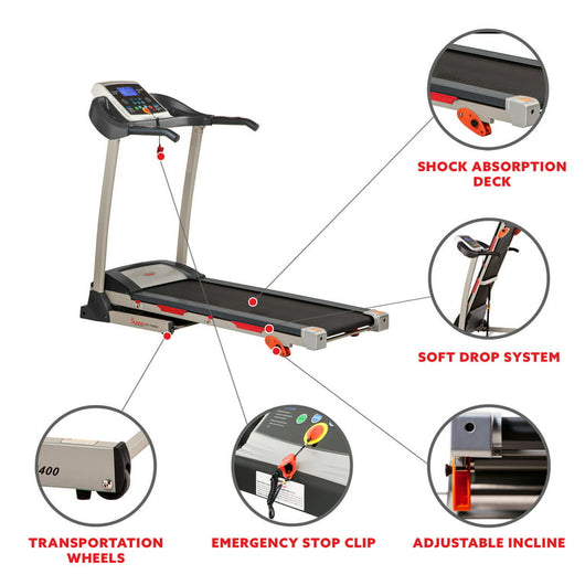 Sunny Health & Fitness Treadmill with Manual Incline, Pulse Sensors, Folding, LCD Monitor for Exercise SF-T4400! 

-New & Assembled but does have some cracked plastics from shipping, photos shown