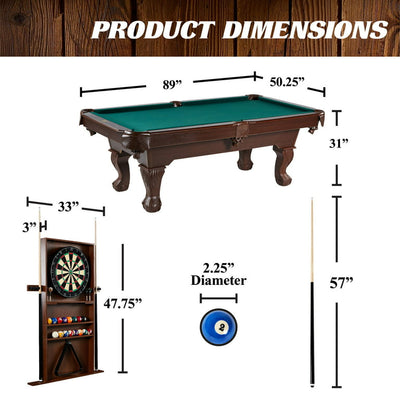 Barrington 90" Ball and Claw Leg Billiard, Pool Table with Cue Rack and Dartboard Set!