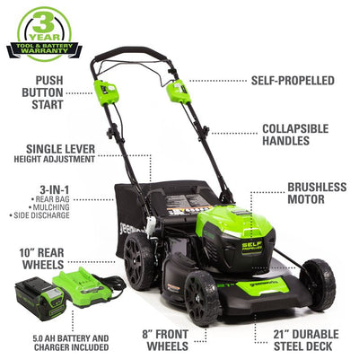 Greenworks 40V 21-inch Brushless Self-Propelled Lawn Mower W/5.0 Ah Battery & Charger! (NEW)

-Brand new, but is missing the Mulcher & side discharge attatments, photos shown!
