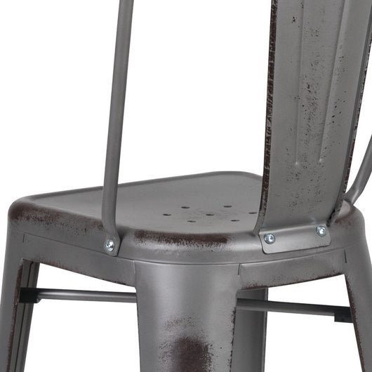 Flash Furniture Commercial Grade 30" High Distressed Silver Gray Metal Indoor-Outdoor Barstool with Back, Set of 4! (NEW IN BOX)