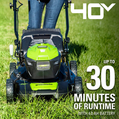 Greenworks 40 Volt 20 inch Push Walk-Behind Mower with 4.0 Ah Battery and Charger, 2516302! (USED - WORKS GREAT)

-Used, was tested and works great ( FRONT LEFT WHEEL IS LIGHTLY BENT, DOES NOT AFFECT CUTTING)