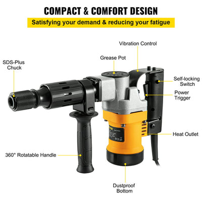 VEVOR Demolition Hammer, 0.67" 9.5 Amp Corded Concrete Breaker Accepts SDS-Plus Bits, 1050W Jack Hammer w/ Flat and Point Chisel Bits & Case, 6.5 Joule Concrete Jack for Breaking tough Ground & Wall!