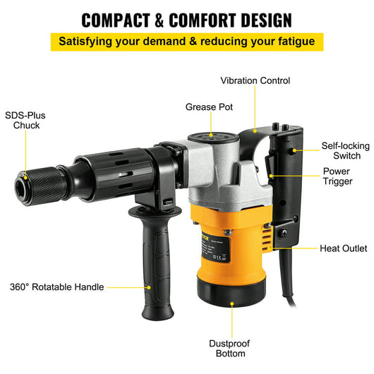 VEVOR Demolition Hammer, 0.67" 9.5 Amp Corded Concrete Breaker Accepts SDS-Plus Bits, 1050W Jack Hammer w/ Flat and Point Chisel Bits & Case, 6.5 Joule Concrete Jack for Breaking tough Ground & Wall!