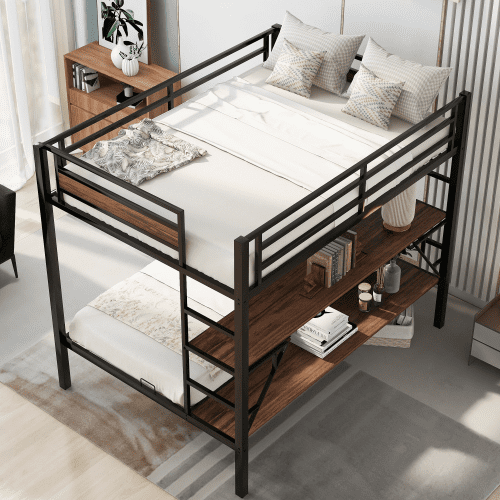Metal Full over Twin/ Full Bunk Bed Frame with Guardrails & 2 Ladders, No Box Spring Needed!

-Brand new in the box