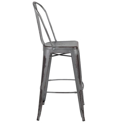 Flash Furniture Commercial Grade 30" High Distressed Silver Gray Metal Indoor-Outdoor Barstool with Back, Set of 4! (NEW IN BOX)