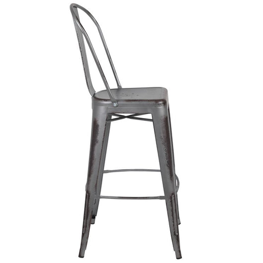 Flash Furniture Commercial Grade 30" High Distressed Silver Gray Metal Indoor-Outdoor Barstool with Back, Set of 4! (NEW IN BOX)
