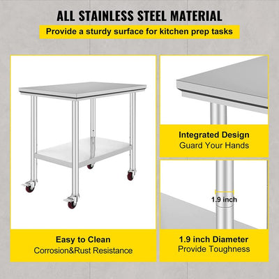 VEVOR Stainless Steel Work Table 36x24 Inch Food Prep Station!

-Brand new and assembled but does have one small indent on the bottom shelf, photos shown
