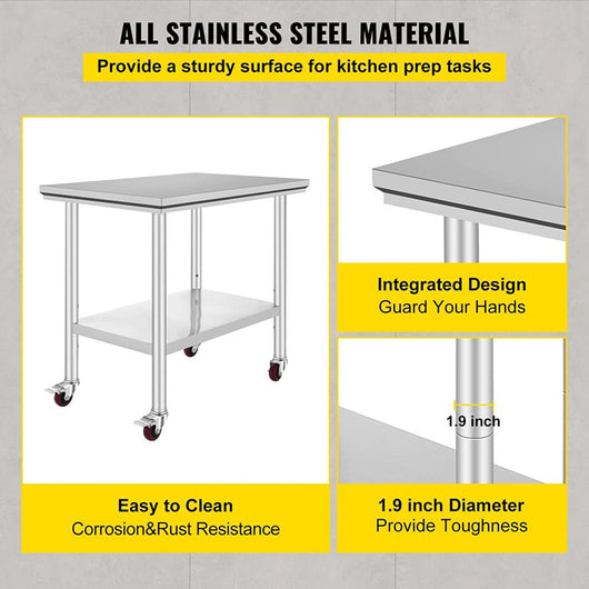 VEVOR Stainless Steel Work Table 36x24 Inch Food Prep Station!

-Brand new and assembled but does have one small indent on the bottom shelf, photos shown