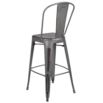 Flash Furniture Commercial Grade 30" High Distressed Silver Gray Metal Indoor-Outdoor Barstool with Back, Set of 4! (NEW IN BOX)