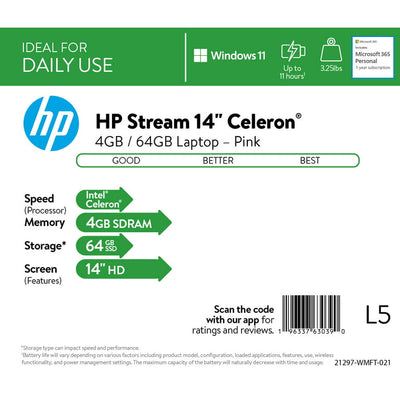 HP Stream 14", Intel Celeron N4020, 4GB RAM, 64GB eMMC, Pink -  used for one week- customer return