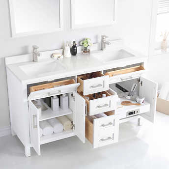 Ove Broadway 60" Double Sink Bathroom Vanity! (NEW/MISSING BACKSPLASH/CHIPPED CORNER)

-Brand new out of the box, has some light chips on two corners and front trim, photos shown