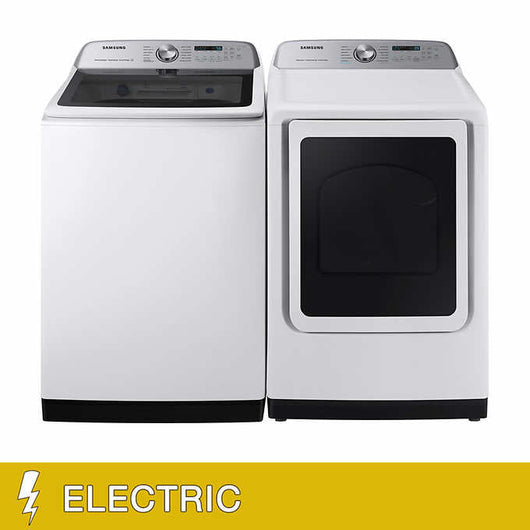 Samsung 5.1 cu. ft. Smart Top Load Washer with AcitveWave Agitator and 7.4 cu. ft. Smart ELECTRIC Dryer with Steam Sanitize+!

-Set is Brand New (Washer was Lightly Dented on The Front Side From Shipping) - (Photos Shown)