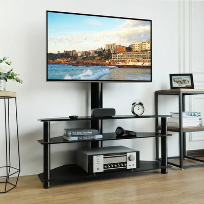 Rfiver Flat TV Stand for TVs up to 75 inch, Black Glass TV Stand Shelves with Swivel Mount**New in box**