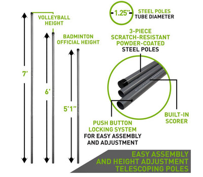Dunlop Steel Pole Volleyball & Badminton Combo Set, Lawn Game, Green/Black- NEW IN BOX!!!