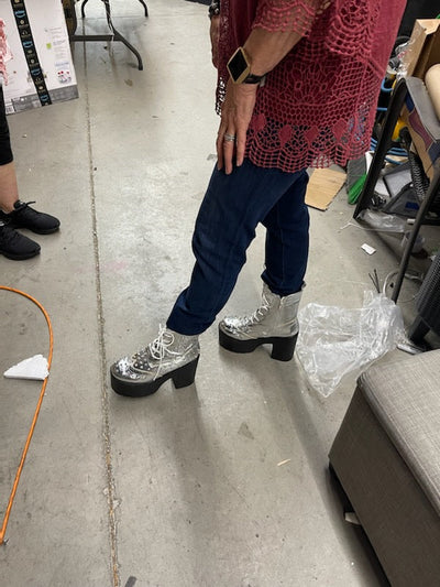 Ochotoros Brogue Spiked Women's Platform Festival Rave Combat Ankle Boots in Silver- NEW IN BOX (Worn once for modeling purposes!)