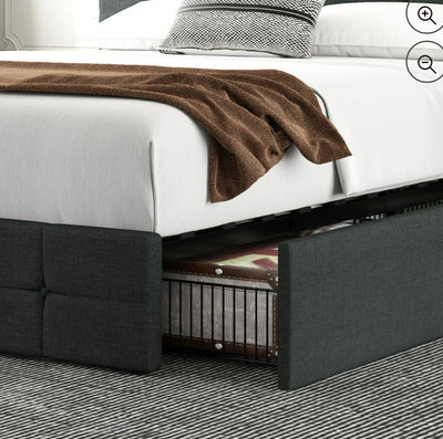 Amolife Full Size Platform Bed Frame with Headboard and 4 Storage Drawers, Button Tufted Style, Dark Grey, Mattress Not Included- NEW IN BOX!!!!