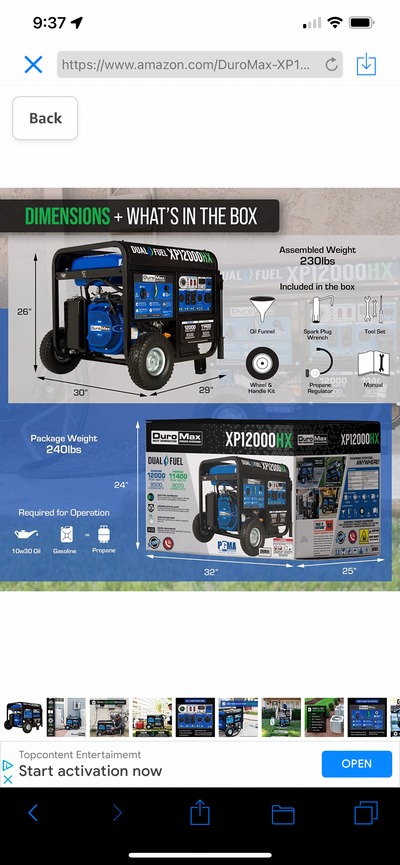 DuroMax XP12000HX Dual Fuel Portable Generator-12000 Watt Gas or Propane Powered Electric Start w/CO Alert, 50 State Approved, Blue- new in box