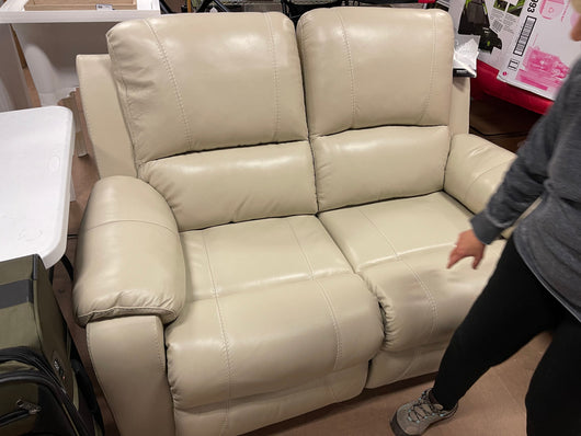Signature Design by Ashley Rackingburg Leather Adjustable Dual Sided Power Reclining Loveseat, Cream- brand new