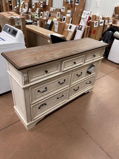 Signature Design by Ashley Realyn French Country 7 Drawer Two Tone Dresser, Chipped White and Realyn French Country 3 Drawer Nightstand with Electrical Outlets & USB Ports, Chipped White!