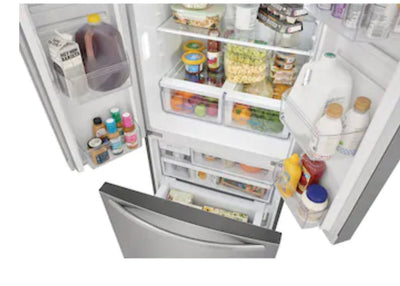 Frigidaire 17.6-cu ft Counter-depth French Door Refrigerator with Ice Maker (Brushed Steel) ENERGY STAR Item #4142878 Model #FRFG1723AV- scratch and dent unit - minor shipping cosmetic scratches- see pics please