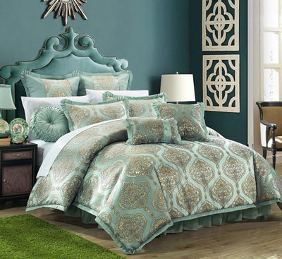 Chic Home 9 Piece Como Decorator Upholstery Quality Jacquard Motif Fabric Bedroom Comforter Set & Pillows Ensemble, King, Blue- NEW IN BAG