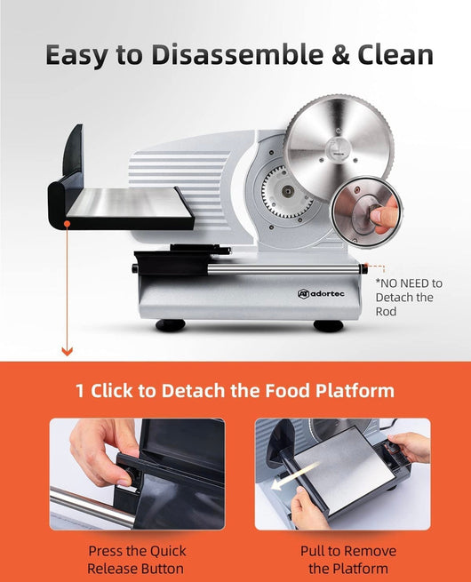 Electric Meat Slicer Machine for Home Use, Adortec Electric Bread Slicer with 2 Pushers, Stepless Adjustment Dial, Quick Release Food Carriage-SILVER!! NEW IN BOX, MISSING SMOOTH BLADE!!