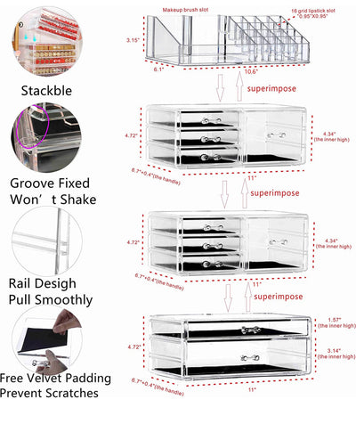 Cq acrylic Clear Makeup Storage Organizer Drawers Skin Care X Large Cosmetic Display Cases Stackable Storage Box With 10 Drawers For Dresser,Set of 4- NEW OUT OF BOX!!!
